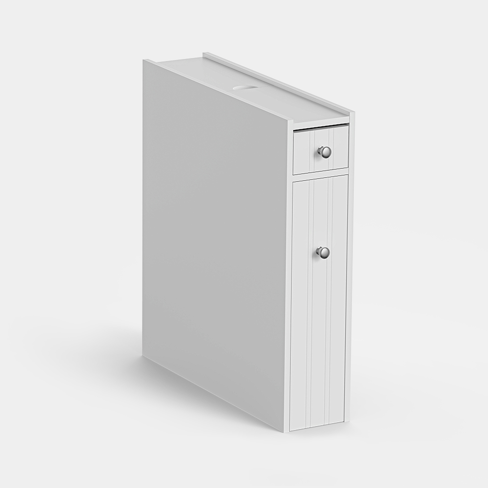 VonHaus Holbrook narrow white bathroom storage unit with drawer and pull-out storage