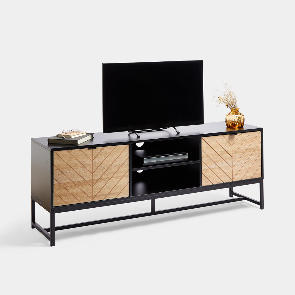 VonHaus Dalton TV unit, model 3000406, black frame and natural wood-effect cupboard fronts