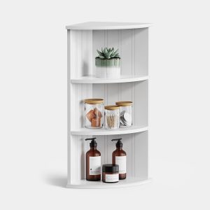 VonHaus Holbrook white three-tier corner shelf; decorative items shown are not included