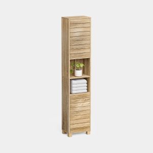 VonHaus Chester tallboy bathroom cabinet, oak effect, with open shelves and slatted cupboard doors