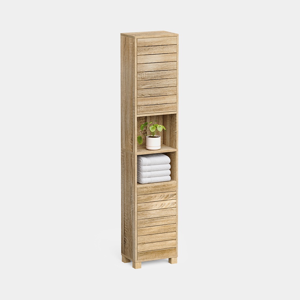VonHaus Chester tallboy bathroom cabinet, oak effect, with open shelves and slatted cupboard doors